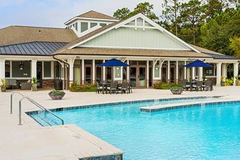 Pool with clubhouse and picnic tables 