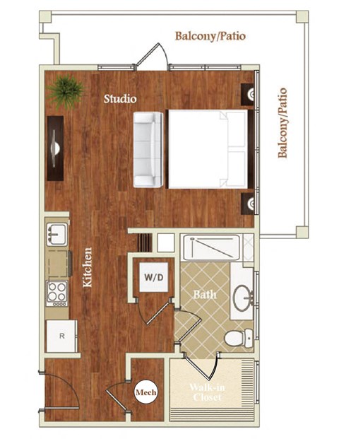 Floor plan for studio, 1 bath, 636 sqft
