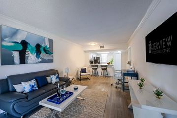 Coconut Creek apartment for rent - A living room with a couch, coffee table, and a painting on the wall.