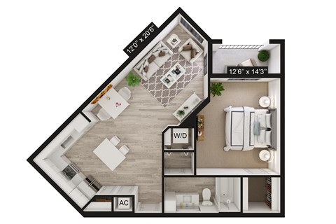 Floor plan for 1 bed, 1 bath, 764 sqft