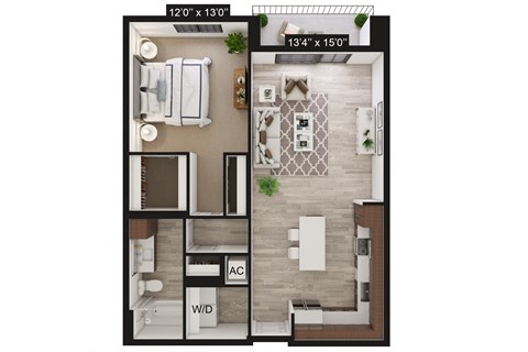 Floor plan for 1 bed, 1 bath, 831 sqft