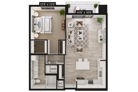 Floor plan for 1 bed, 1 bath, 835 sqft