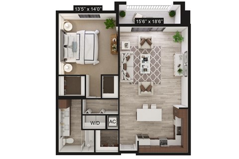 Floor plan for 1 bed, 1 bath, 948 sqft