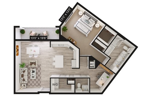 Floor plan for 1 bed, 1.5 baths, 1021 sqft