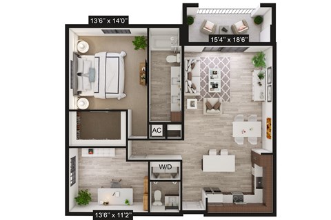 Floor plan for 1 bed, 1.5 baths, 1076 sqft