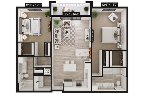 Floor plan for 2 beds, 2 baths, 1278 sqft