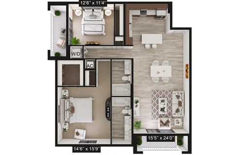 Floor plan for 2 beds, 2 baths, 1357 sqft