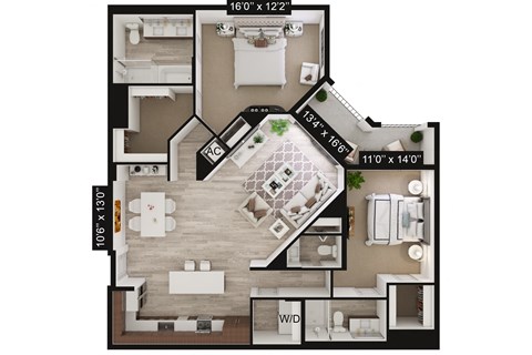 Floor plan for 2 beds, 2.5 baths, 1426 sqft