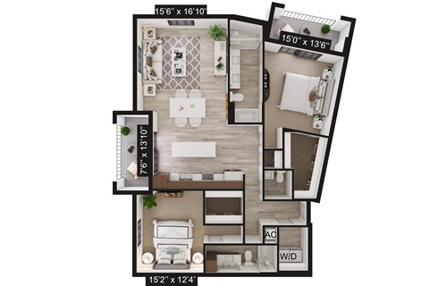 Floor plan for 2 beds, 2.5 baths, 1610 sqft