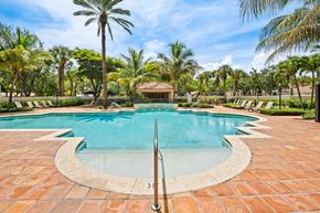 Miami Lakes apartment for rent - A pool surrounded by palm trees and a tile patio.
