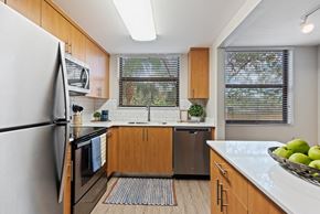 Miami Lakes apartment for rent - a kitchen with stainless steel appliances and wooden cabinets