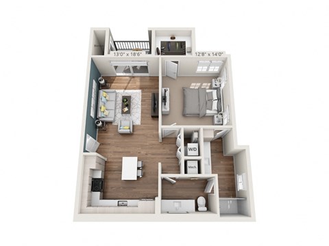 Floor plan for 1 bed, 1 bath, 894 sqft