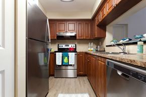 Miami Lakes apartment for rent - a kitchen with stainless steel appliances and wooden cabinets