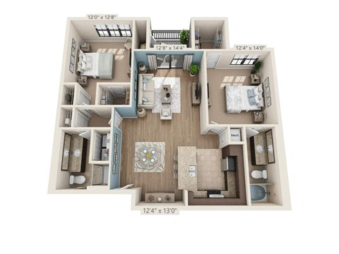 Floor plan for 2 beds, 2 baths, 1193 sqft