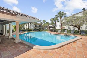Miami Lakes apartment for rent - a large swimming pool in front of a house with palm trees