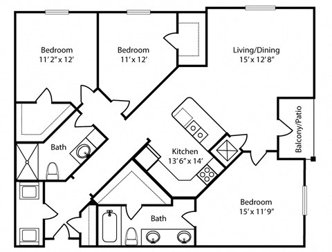 Floor plan for 3 beds, 2 baths, 1352 sqft