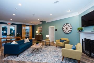 Brunswick apartment for rent - a living room with blue furniture and a clock on the wall