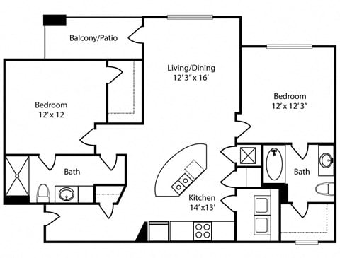 Floor plan for 2 beds, 2 baths, 1118 sqft