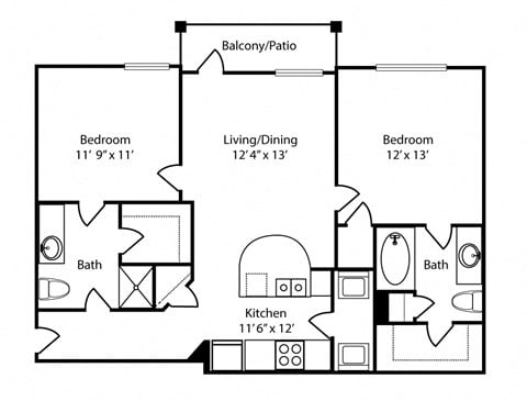 Floor plan for 2 beds, 2 baths, 957 sqft