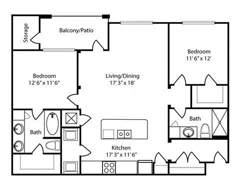 Floor plan for 2 beds, 2 baths, 1183 sqft