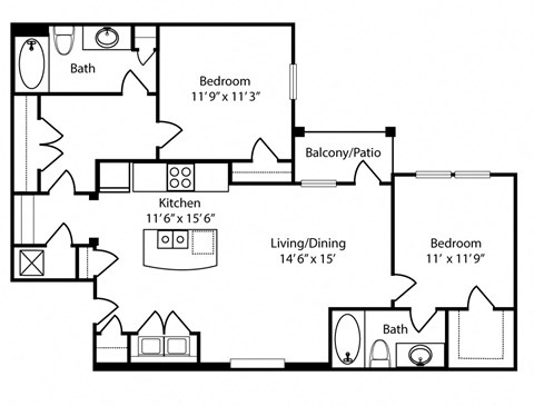 Floor plan for 2 beds, 2 baths, 1097 sqft