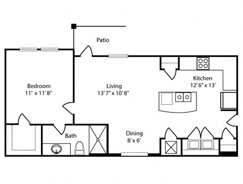 Floor plan for 1 bed, 1 bath, 668 sqft