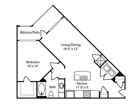 Floor plan for 1 bed, 1 bath, 779 sqft