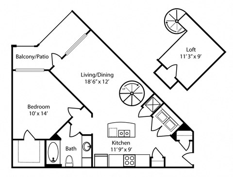 Floor plan for 1 bed, 1 bath, 917 sqft