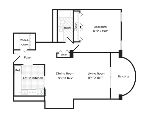 Floor plan for 1 bed, 1 bath, 785 sqft