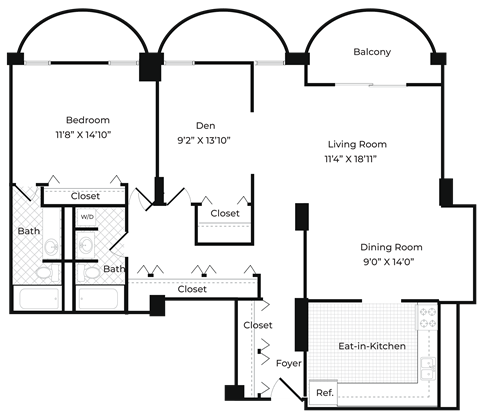 Floor plan for 1 bed, 2 baths, 1195 sqft