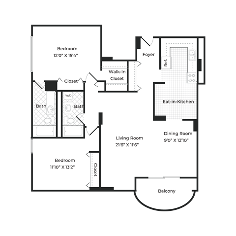 Floor plan for 2 beds, 2 baths, 1224 sqft