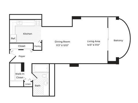 Floor plan for studio, 1 bath, 537 sqft