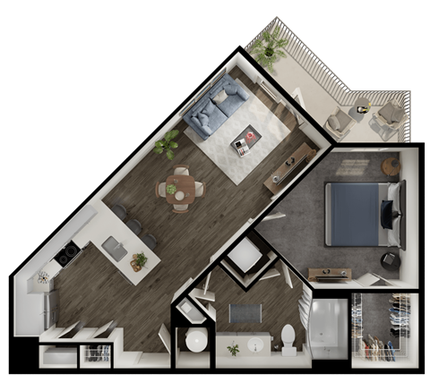 Floor plan for 1 bed, 1 bath, 724 sqft