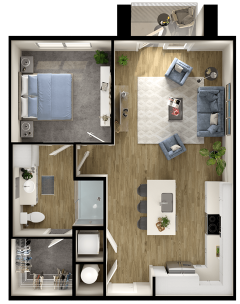 Floor plan for 1 bed, 1 bath, 727 sqft
