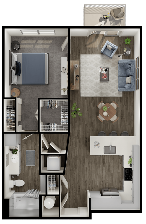 Floor plan for 1 bed, 1 bath, 818 sqft
