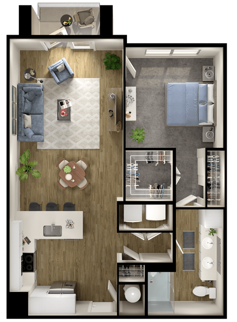 Floor plan for 1 bed, 1 bath, 852 sqft