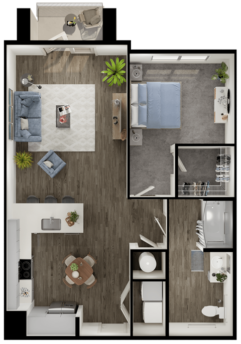 Floor plan for 1 bed, 1 bath, 852 sqft