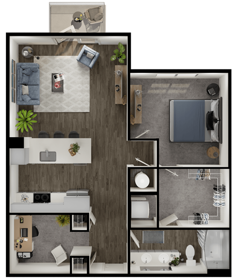 Floor plan for 1 bed, 1 bath, 910 sqft