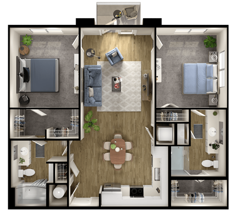 Floor plan for 2 beds, 2 baths, 1056 sqft
