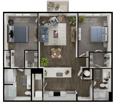 Floor plan for 2 beds, 2 baths, 1085 sqft