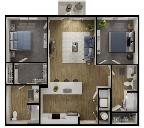 Floor plan for 2 beds, 2 baths, 1085 sqft