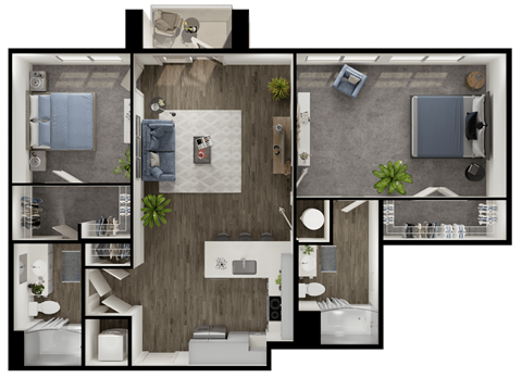 Floor plan for 2 beds, 2 baths, 1169 sqft