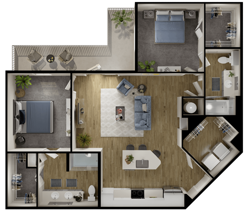 Floor plan for 2 beds, 2 baths, 1172 sqft