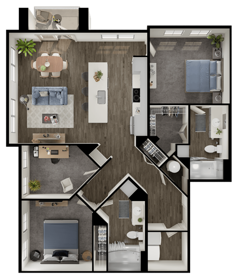 Floor plan for 2 beds, 2 baths, 1270 sqft