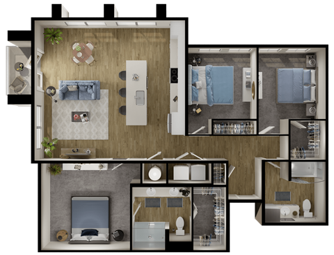 Floor plan for 3 beds, 2 baths, 1361 sqft