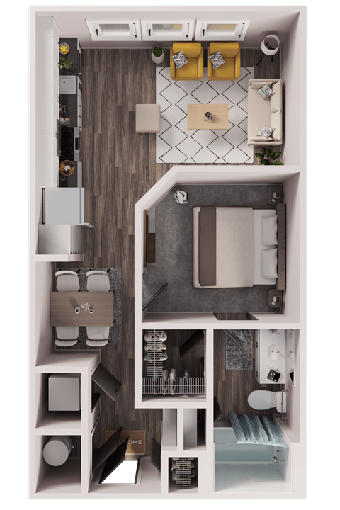 Floor plan for 1 bed, 1 bath, 579 sqft