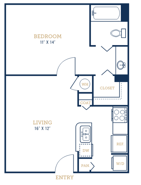 Floor plan for 1 bed, 1 bath, 602 sqft