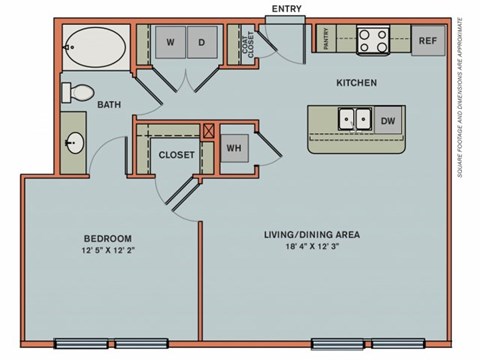 Floor plan for 1 bed, 1 bath, 773 sqft