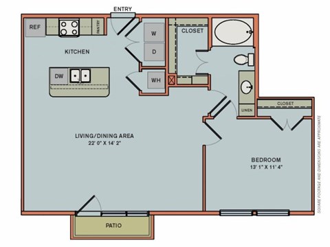 Floor plan for 1 bed, 1 bath, 821 sqft