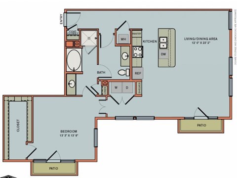 Floor plan for 1 bed, 1 bath, 1133 sqft